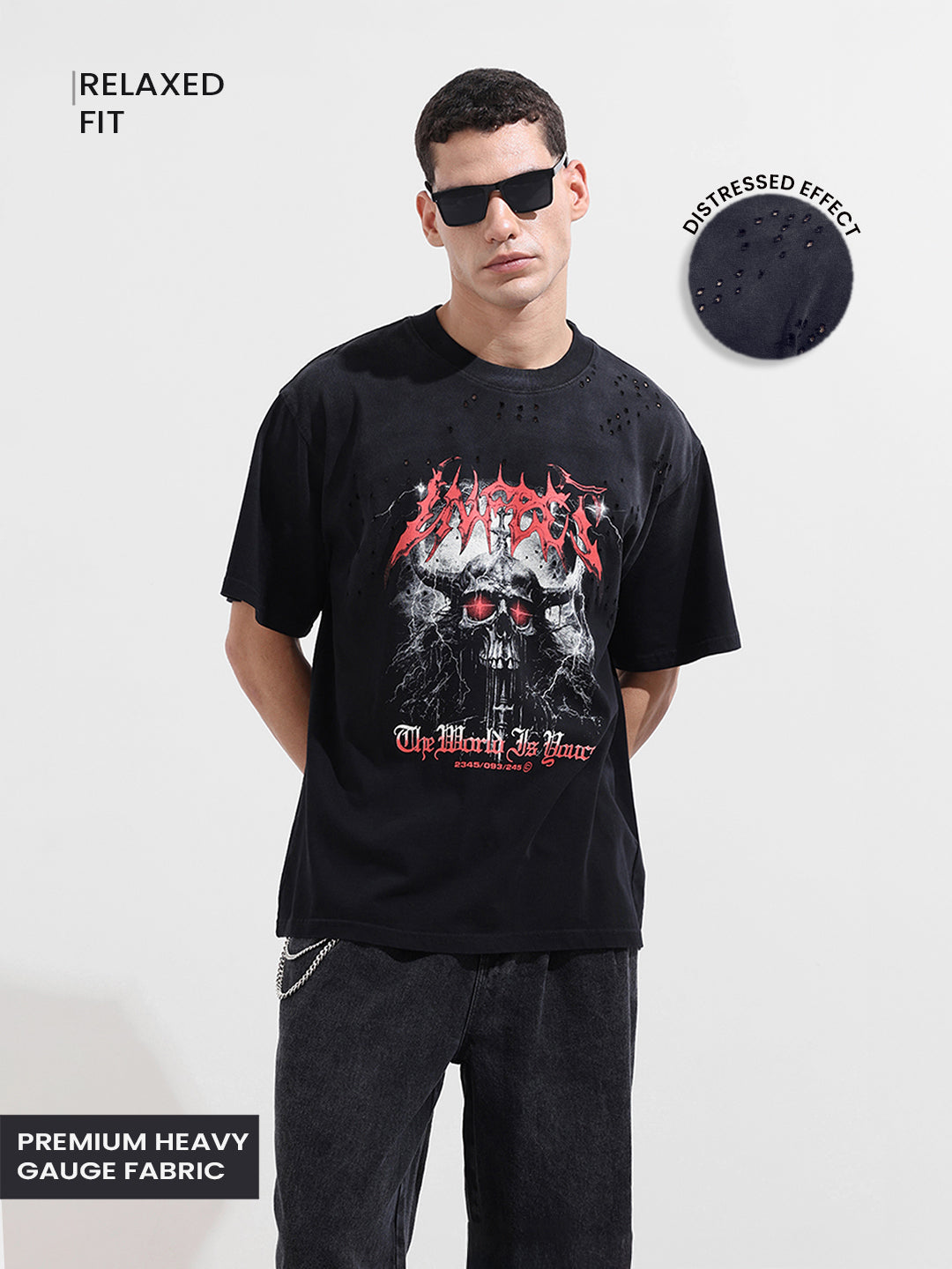 Men's Black Relaxed Fit Graphic Street Wear T-Shirt