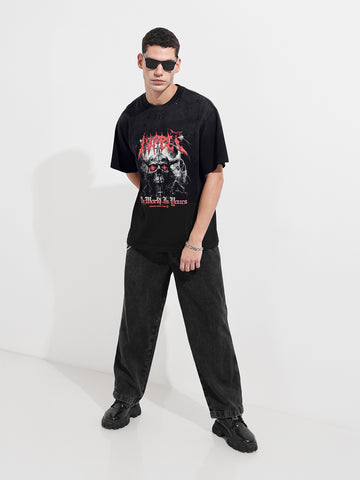 Men's Black Relaxed Fit Graphic Printed 240 GSM Street Wear T-Shirt