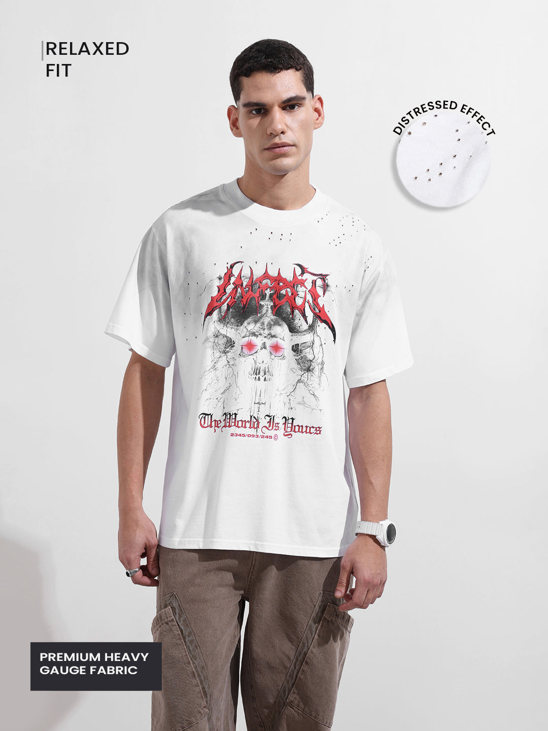 Men's White Relaxed Fit Graphic Printed 240 GSM Street Wear T-Shirt