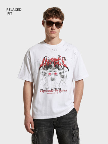 Men's White Relaxed Fit Graphic Printed 240 GSM Street Wear T-Shirt