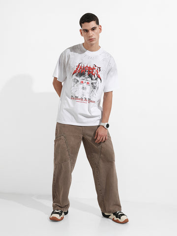 Men's White Relaxed Fit Graphic Printed 240 GSM Street Wear T-Shirt