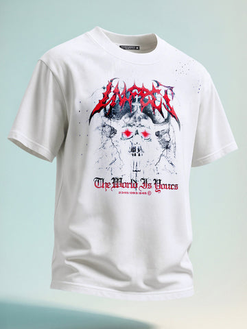 Men's White Relaxed Fit Graphic Printed 240 GSM Street Wear T-Shirt