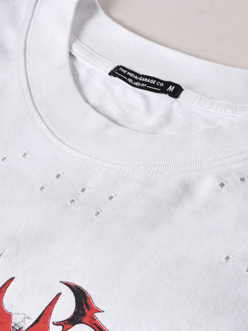 Men's White Relaxed Fit Graphic Printed 240 GSM Street Wear T-Shirt