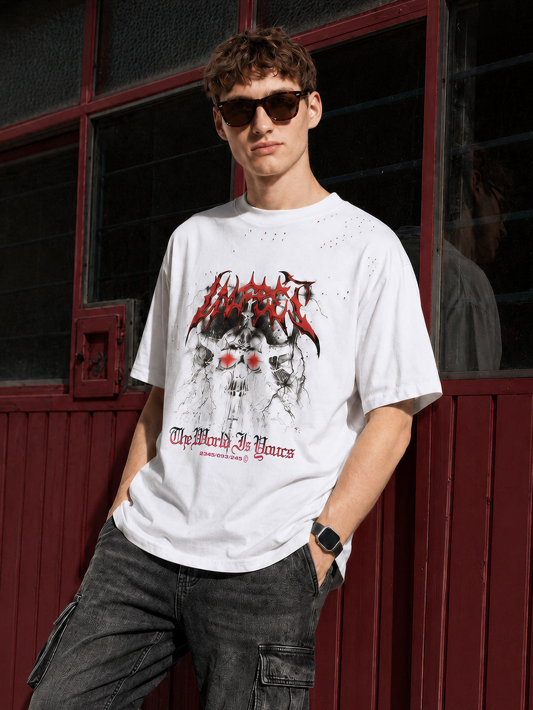 Men's White Relaxed Fit Graphic Printed 240 GSM Street Wear T-Shirt
