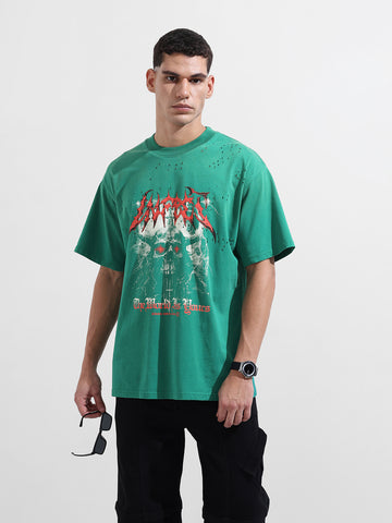 Men's Green Relaxed Fit Graphic Street Wear T-Shirt