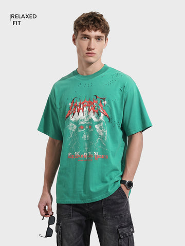 Men's Green Relaxed Fit Graphic Printed 240 GSM Street Wear T-Shirt