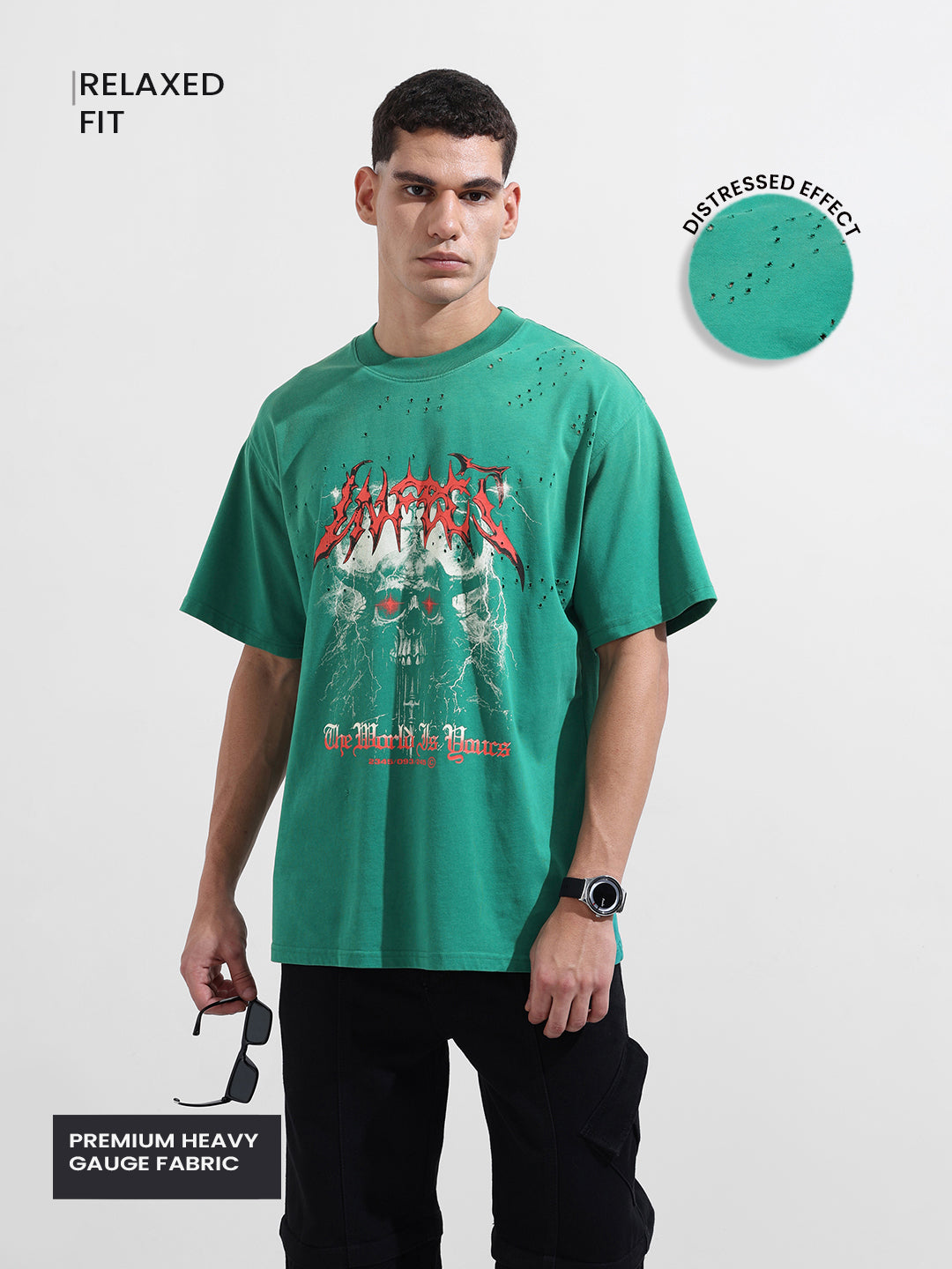 Men's Green Relaxed Fit Graphic Printed 240 GSM Street Wear T-Shirt