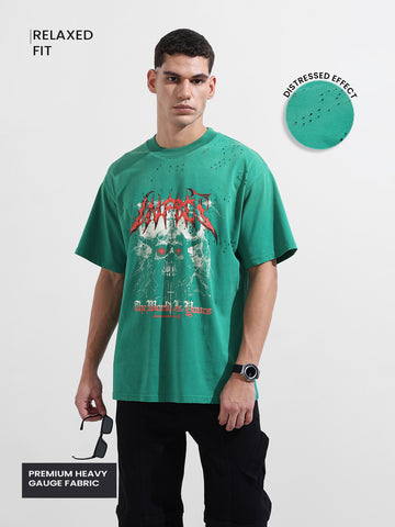 Men's Green Relaxed Fit Graphic Printed 240 GSM Street Wear T-Shirt