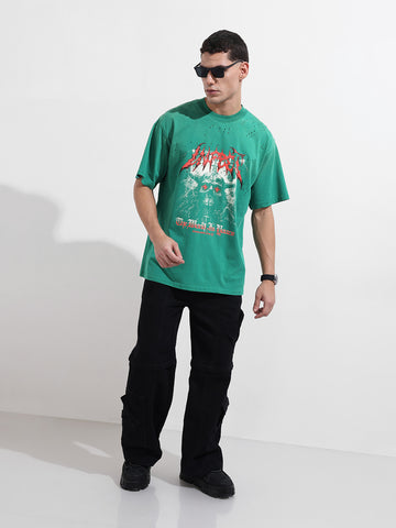 Men's Green Relaxed Fit Graphic Street Wear T-Shirt