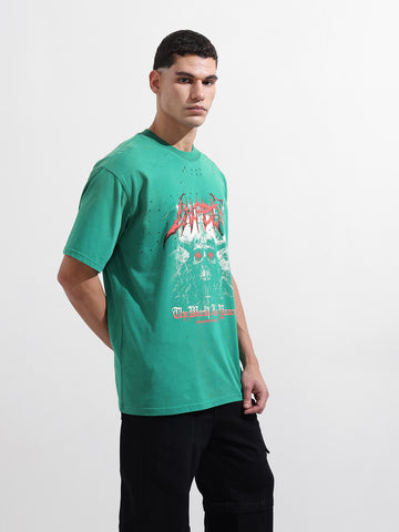 Men's Green Relaxed Fit Graphic Street Wear T-Shirt