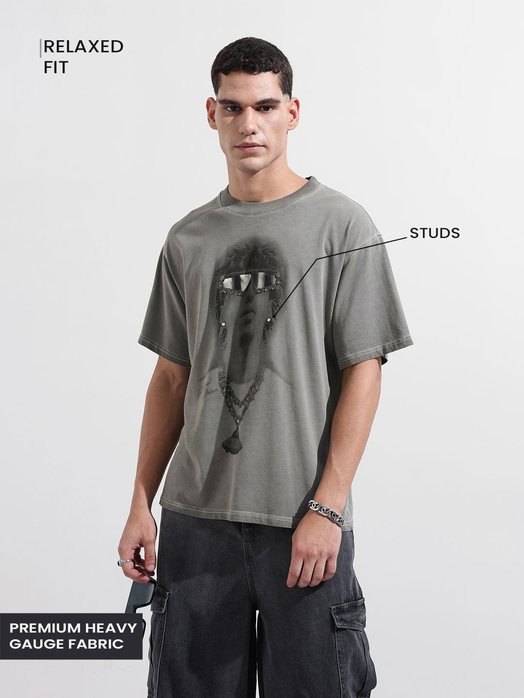 Men's Grey Relaxed Fit Graphic Street Wear T-Shirt