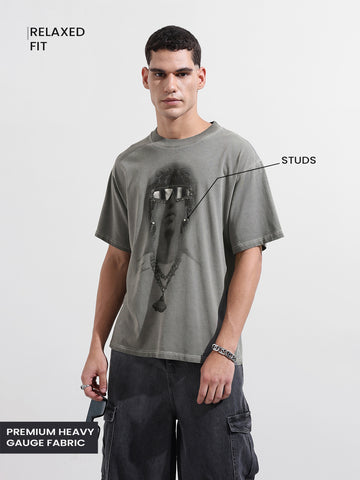 Men's Grey Relaxed Fit Graphic Street Wear T-Shirt