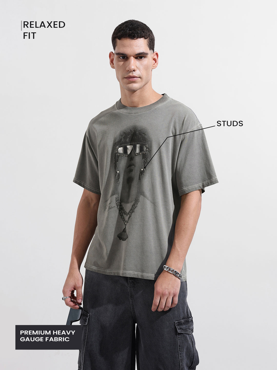 Men's Grey Relaxed Fit Graphic Printed 240 GSM Street Wear T-Shirt