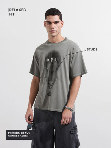 Men's Grey Relaxed Fit Graphic Printed 240 GSM Street Wear T-Shirt