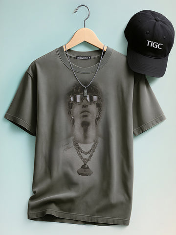 Men's Grey Relaxed Fit Graphic Printed 240 GSM Street Wear T-Shirt