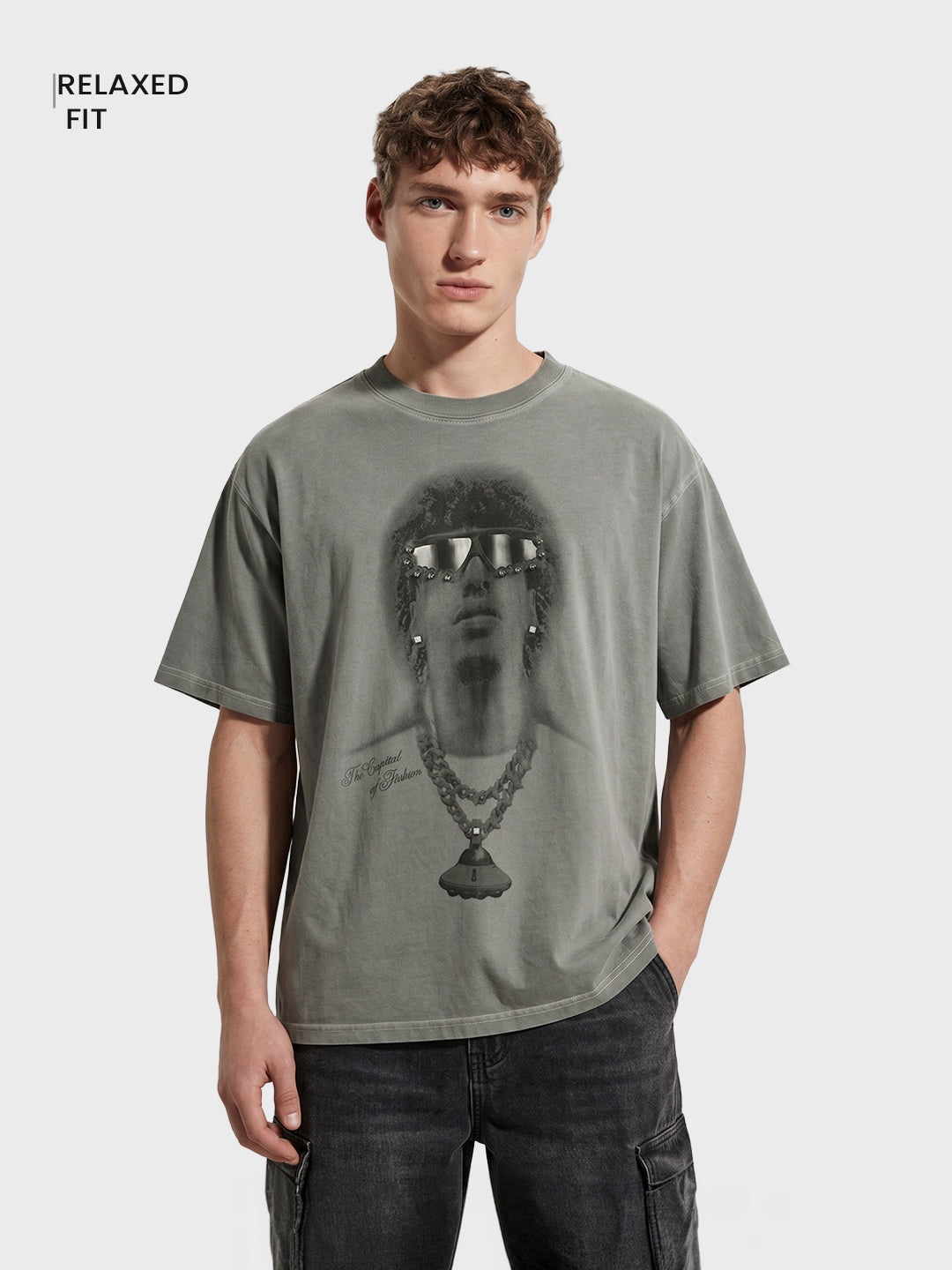 Men's Grey Relaxed Fit Graphic Printed 240 GSM Street Wear T-Shirt