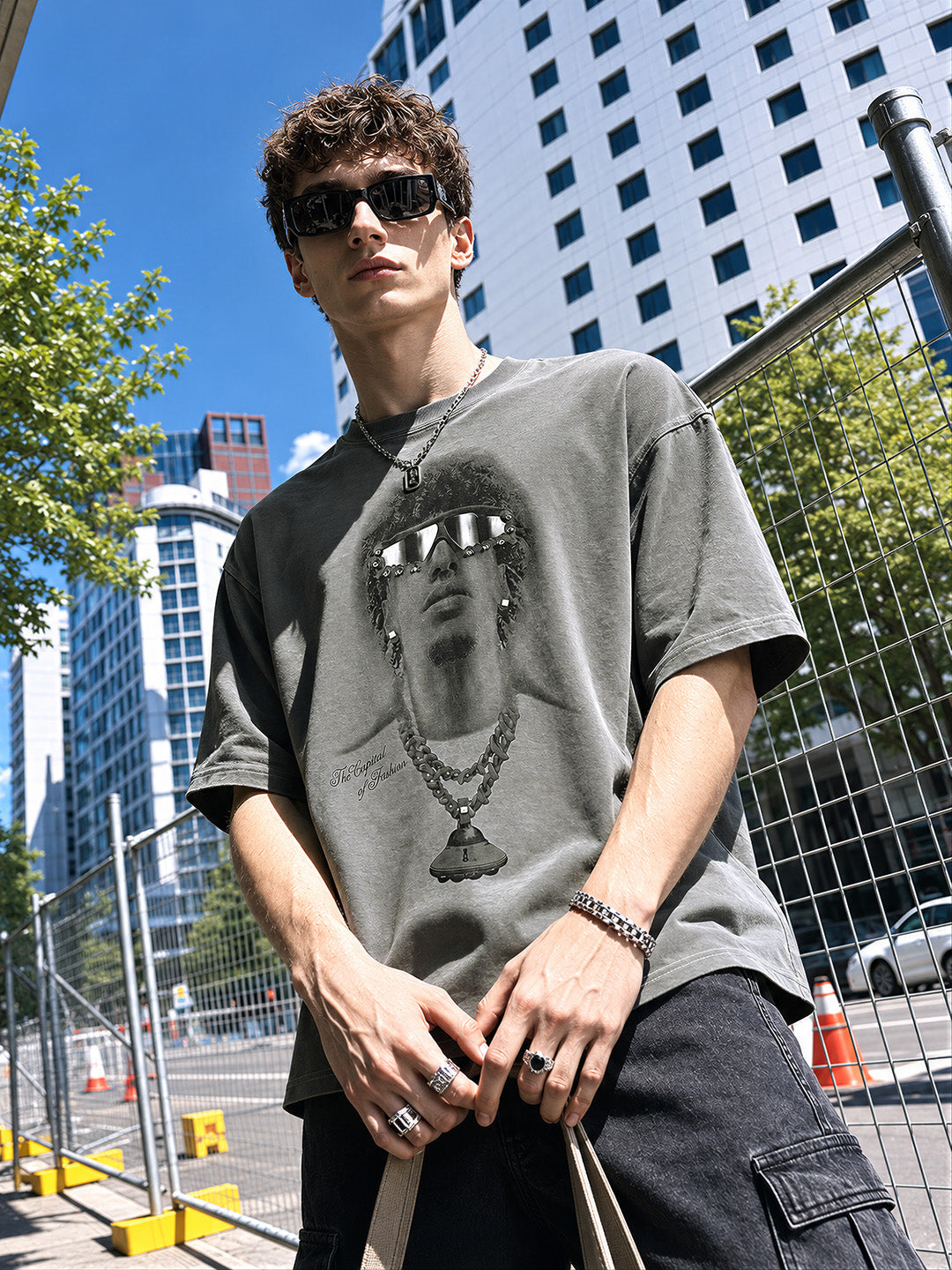 Men's Grey Relaxed Fit Graphic Printed 240 GSM Street Wear T-Shirt