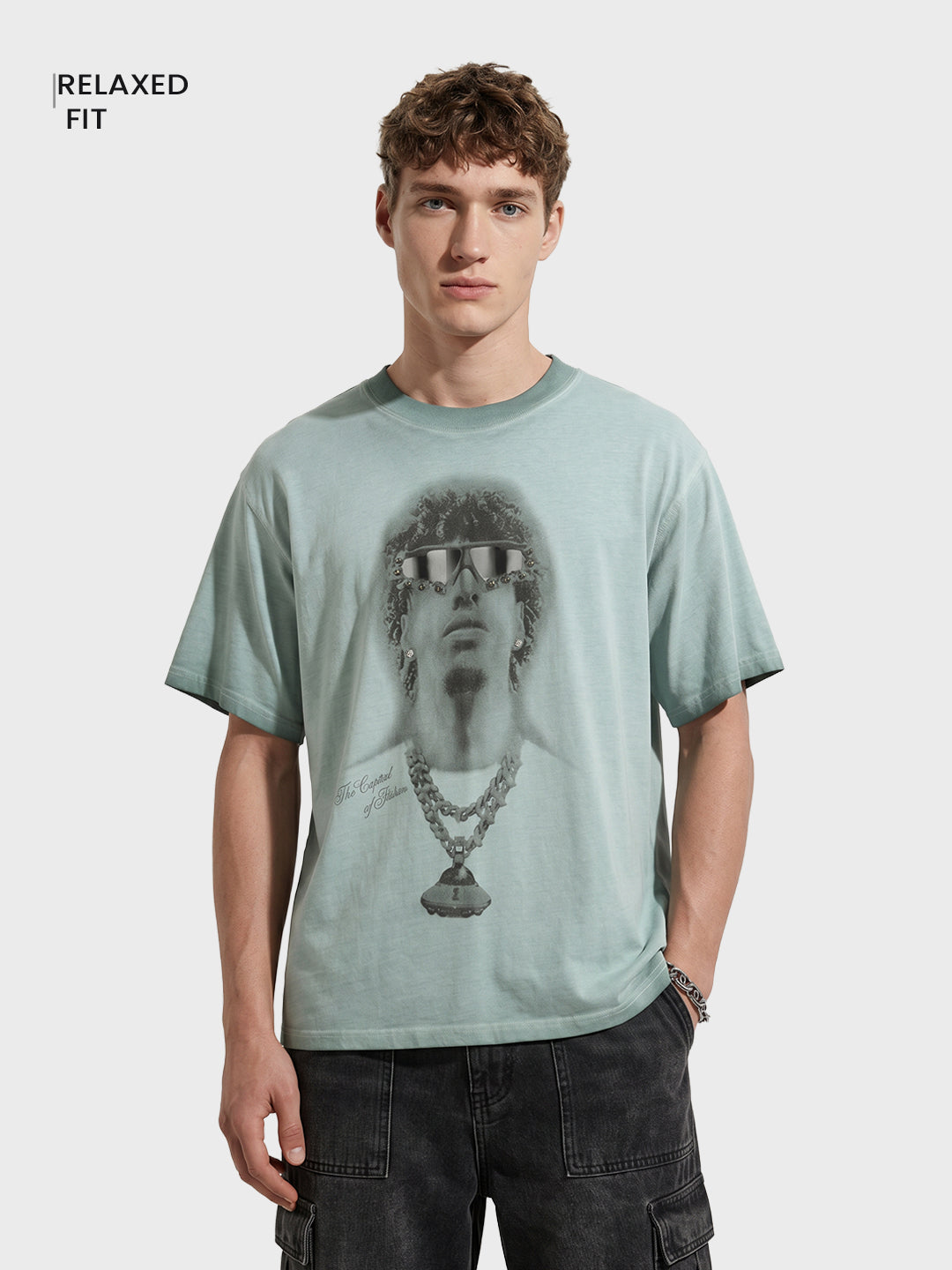 Men's Green Relaxed Fit Graphic Printed 240 GSM Street Wear T-Shirt