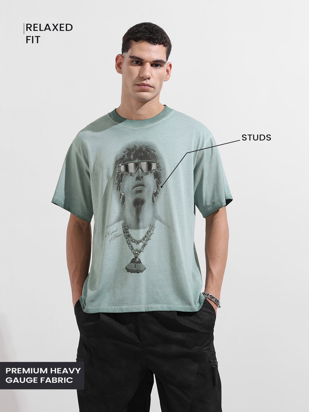 Men's Green Relaxed Fit Graphic Street Wear T-Shirt