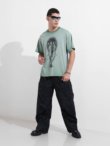 Men's Green Relaxed Fit Graphic Street Wear T-Shirt