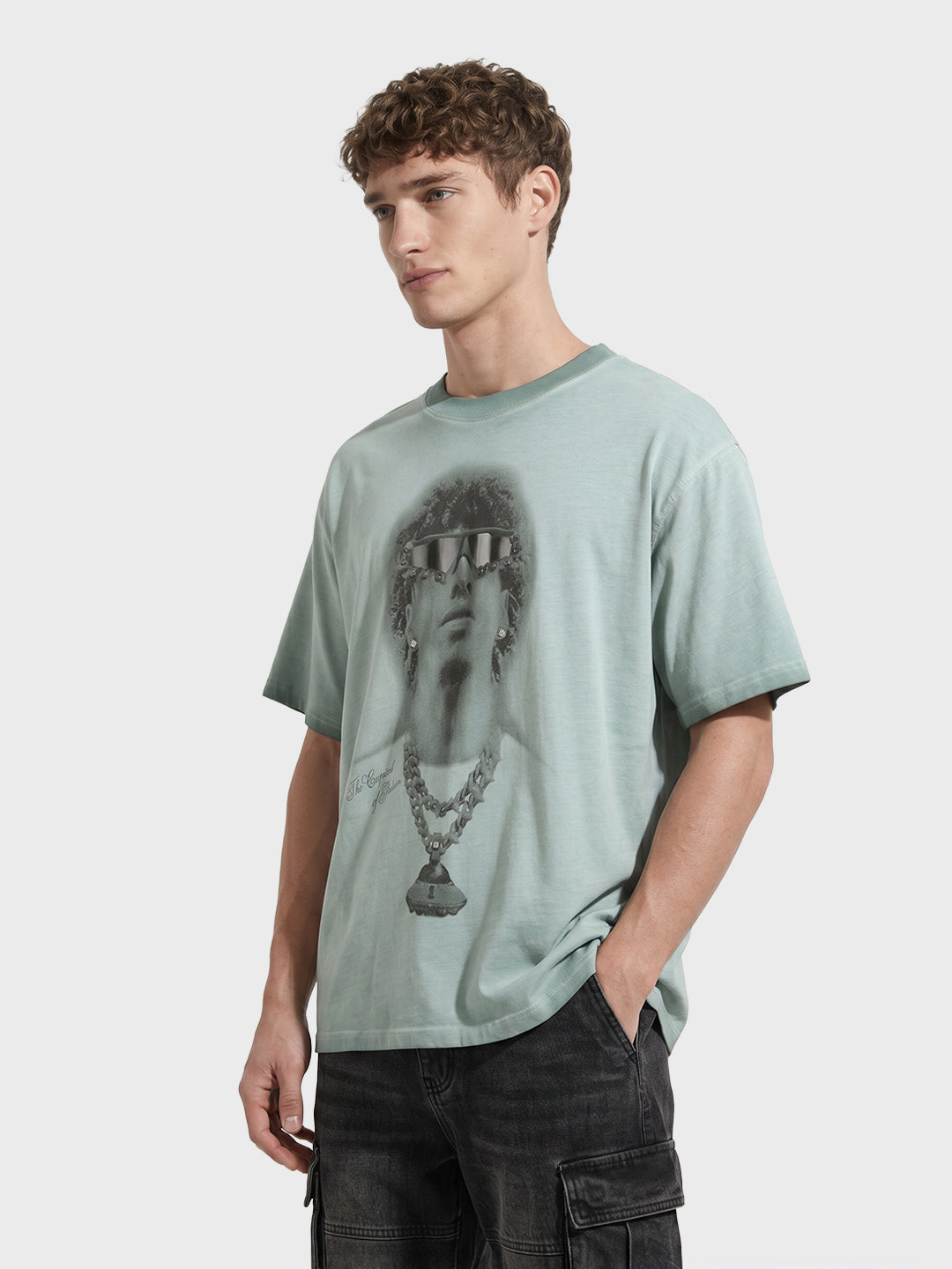 Men's Green Relaxed Fit Graphic Printed 240 GSM Street Wear T-Shirt