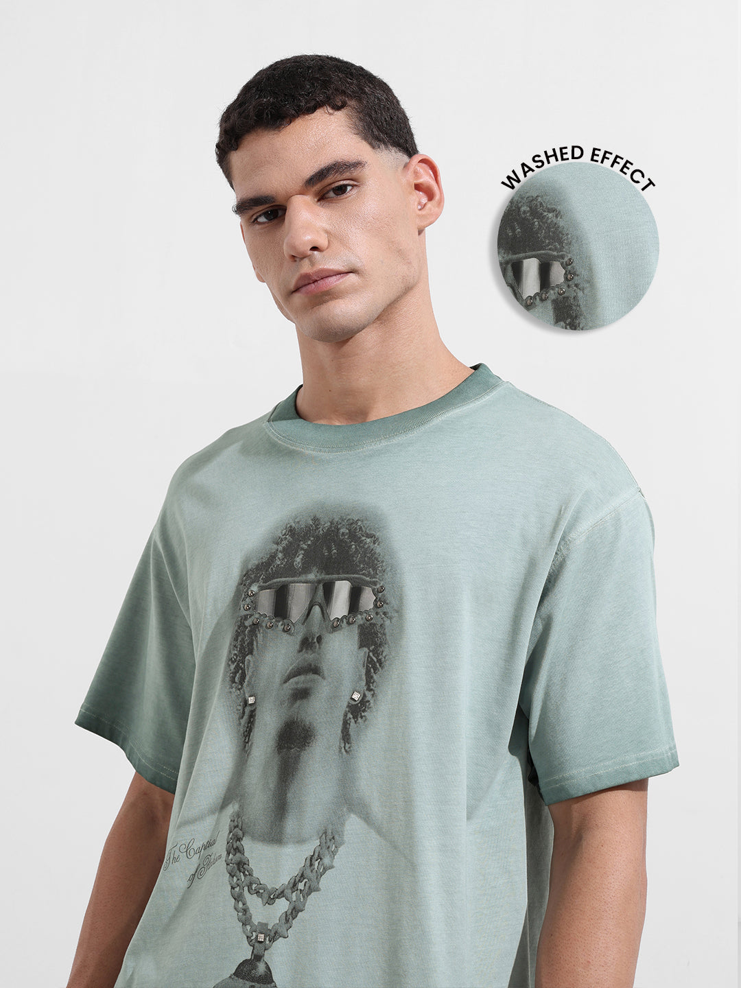 Men's Green Relaxed Fit Graphic Street Wear T-Shirt
