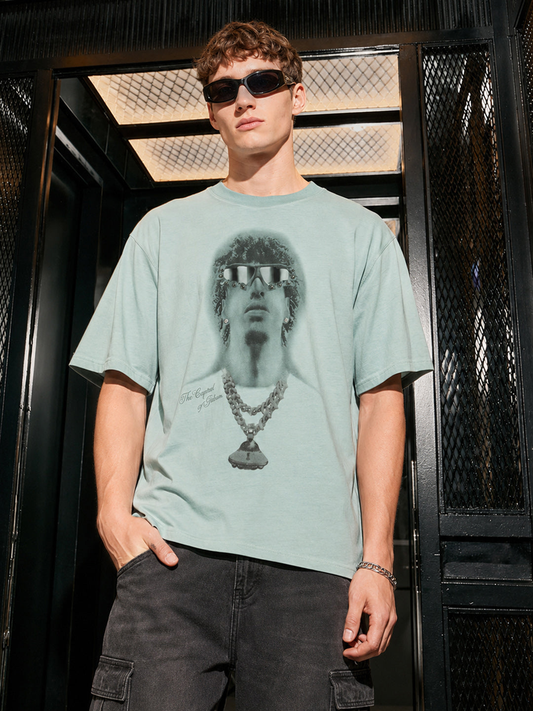 Men's Green Relaxed Fit Graphic Printed 240 GSM Street Wear T-Shirt