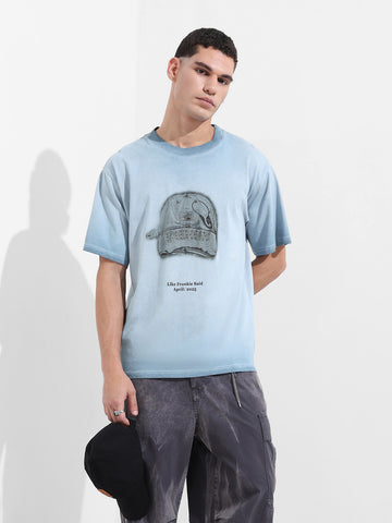 Men's Blue Relaxed Fit Graphic Street Wear T-Shirt