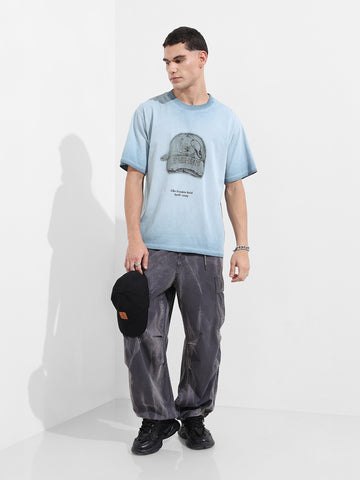Men's Blue Relaxed Fit Graphic Street Wear T-Shirt