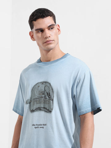 Men's Blue Relaxed Fit Graphic Street Wear T-Shirt