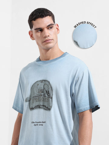 Men's Blue Relaxed Fit Graphic Printed 240 GSM Street Wear T-Shirt