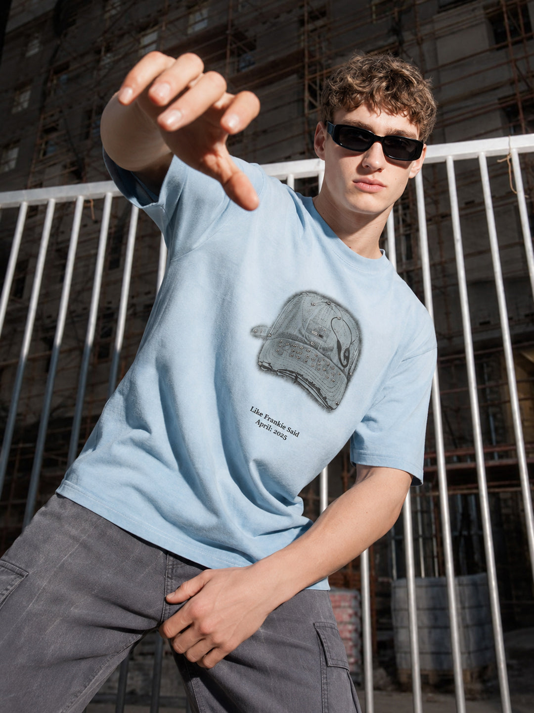 Men's Blue Relaxed Fit Graphic Printed 240 GSM Street Wear T-Shirt
