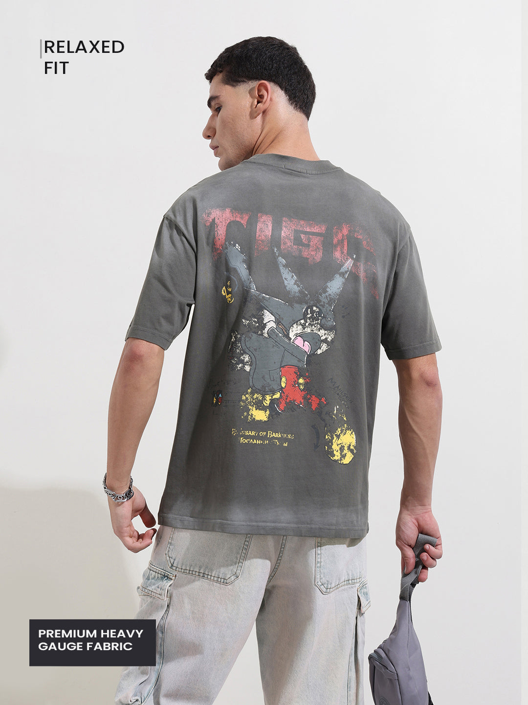 Men's Grey Relaxed Fit Graphic Printed 240 GSM Street Wear T-Shirt