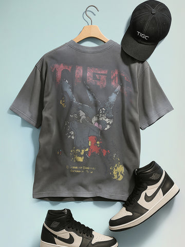 Men's Grey Relaxed Fit Graphic Printed 240 GSM Street Wear T-Shirt