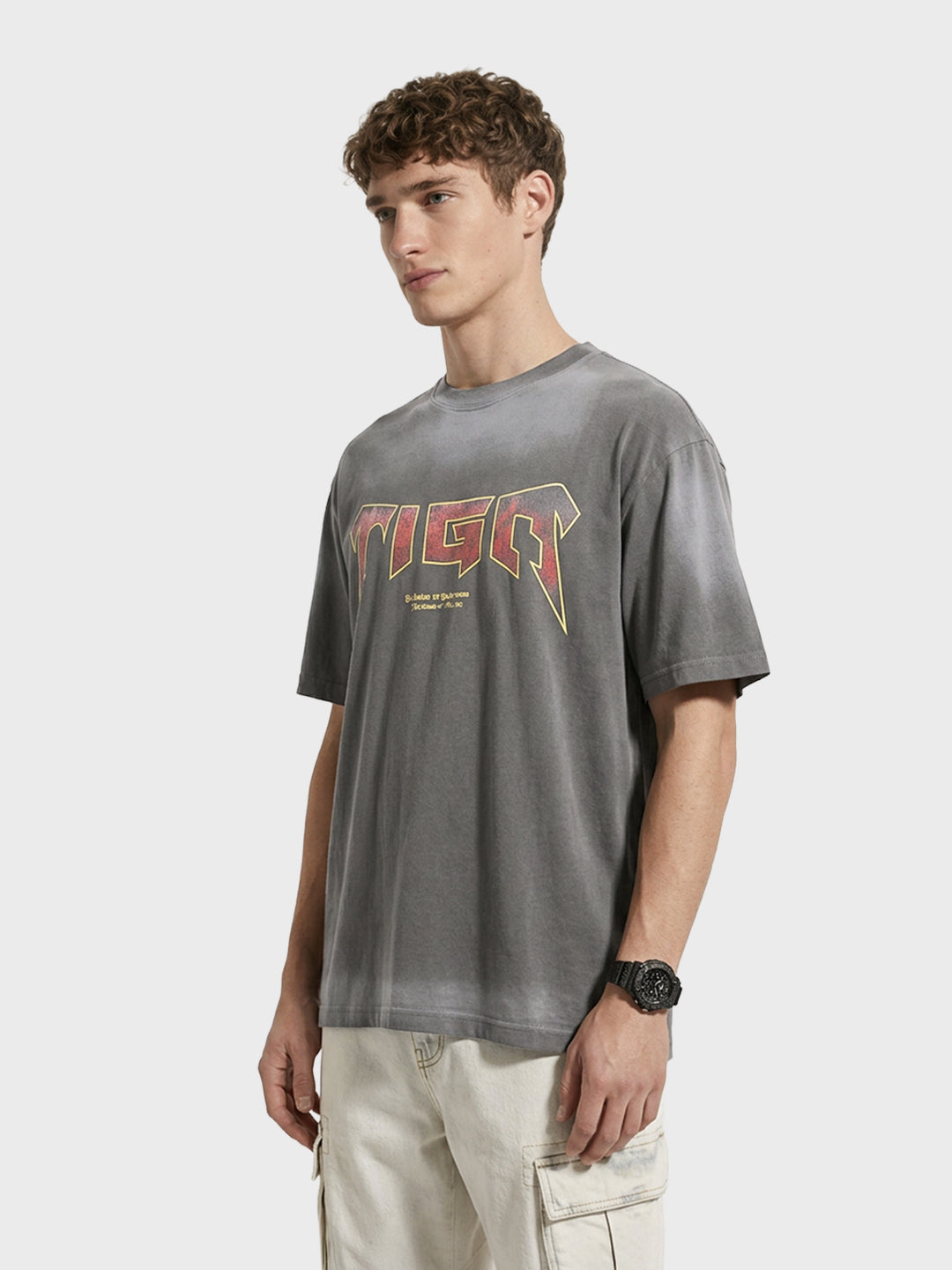 Men's Grey Relaxed Fit Graphic Printed 240 GSM Street Wear T-Shirt
