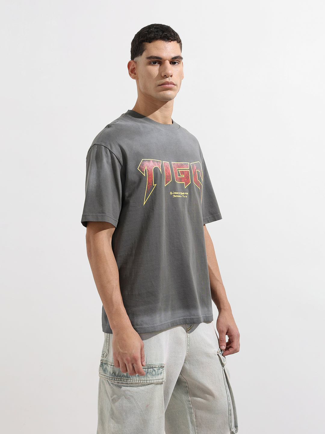 Men's Grey Relaxed Fit Graphic Street Wear T-Shirt