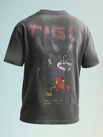 Men's Grey Relaxed Fit Graphic Printed 240 GSM Street Wear T-Shirt