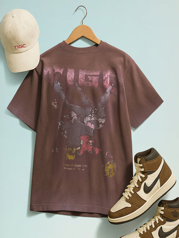 Men's Brown Relaxed Fit Graphic Printed 240 GSM Street Wear T-Shirt