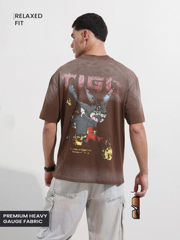 Men's Brown Relaxed Fit Graphic Street Wear T-Shirt
