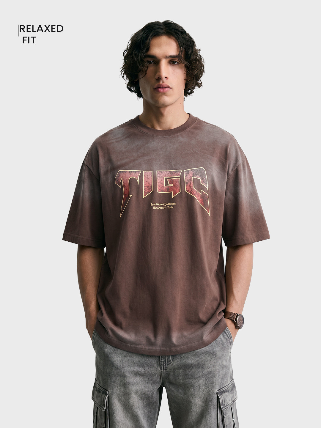 Men's Brown Relaxed Fit Graphic Printed 240 GSM Street Wear T-Shirt