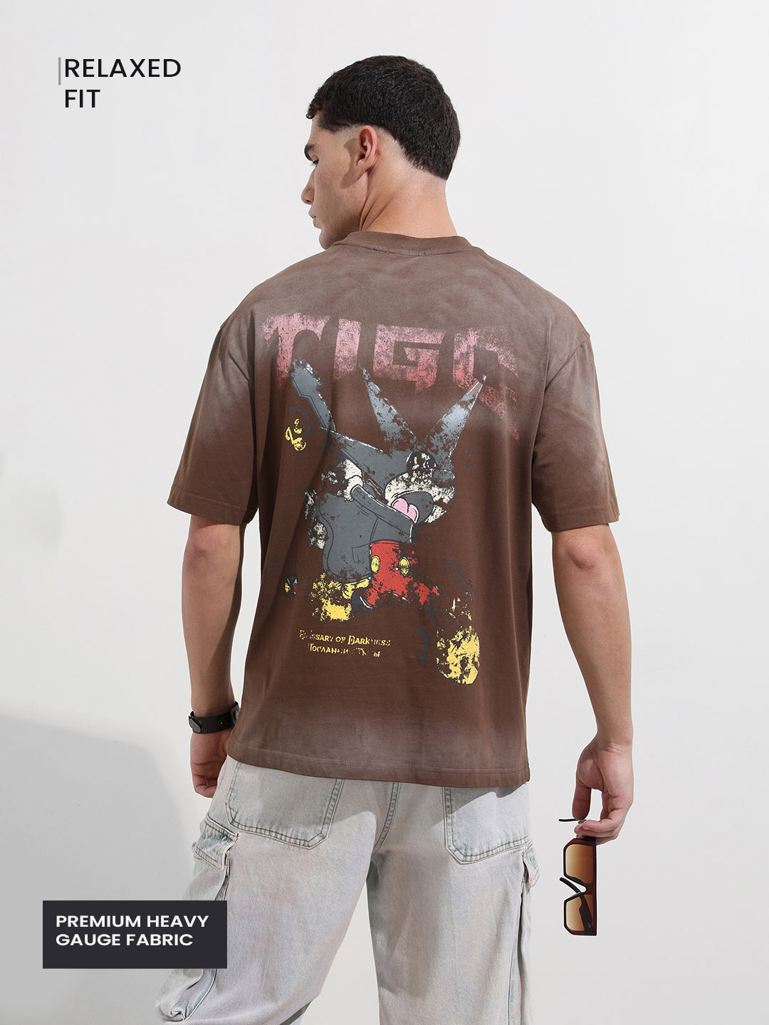 Men's Brown Relaxed Fit Graphic Street Wear T-Shirt
