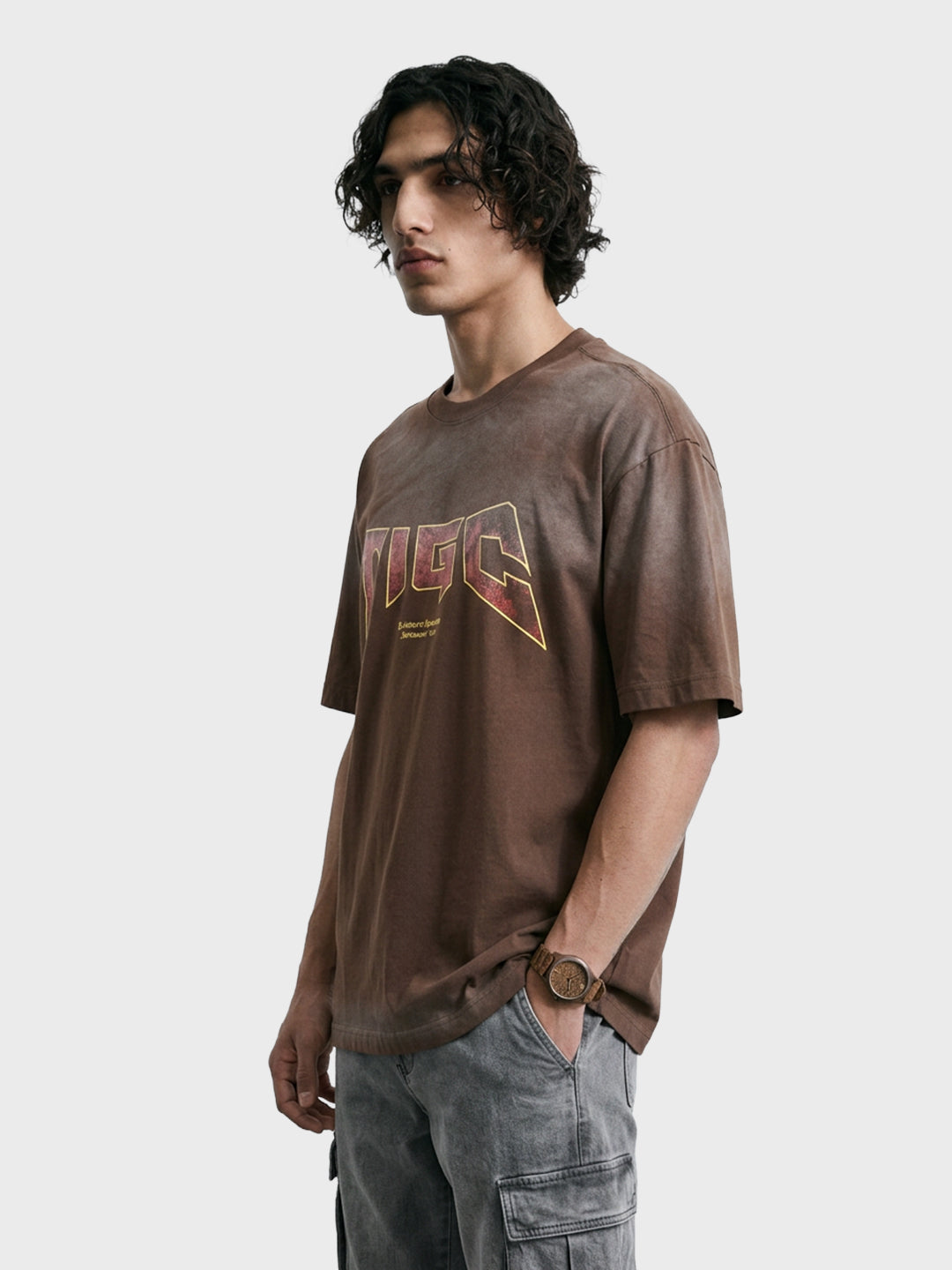 Men's Brown Relaxed Fit Graphic Printed 240 GSM Street Wear T-Shirt