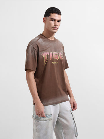 Men's Brown Relaxed Fit Graphic Street Wear T-Shirt