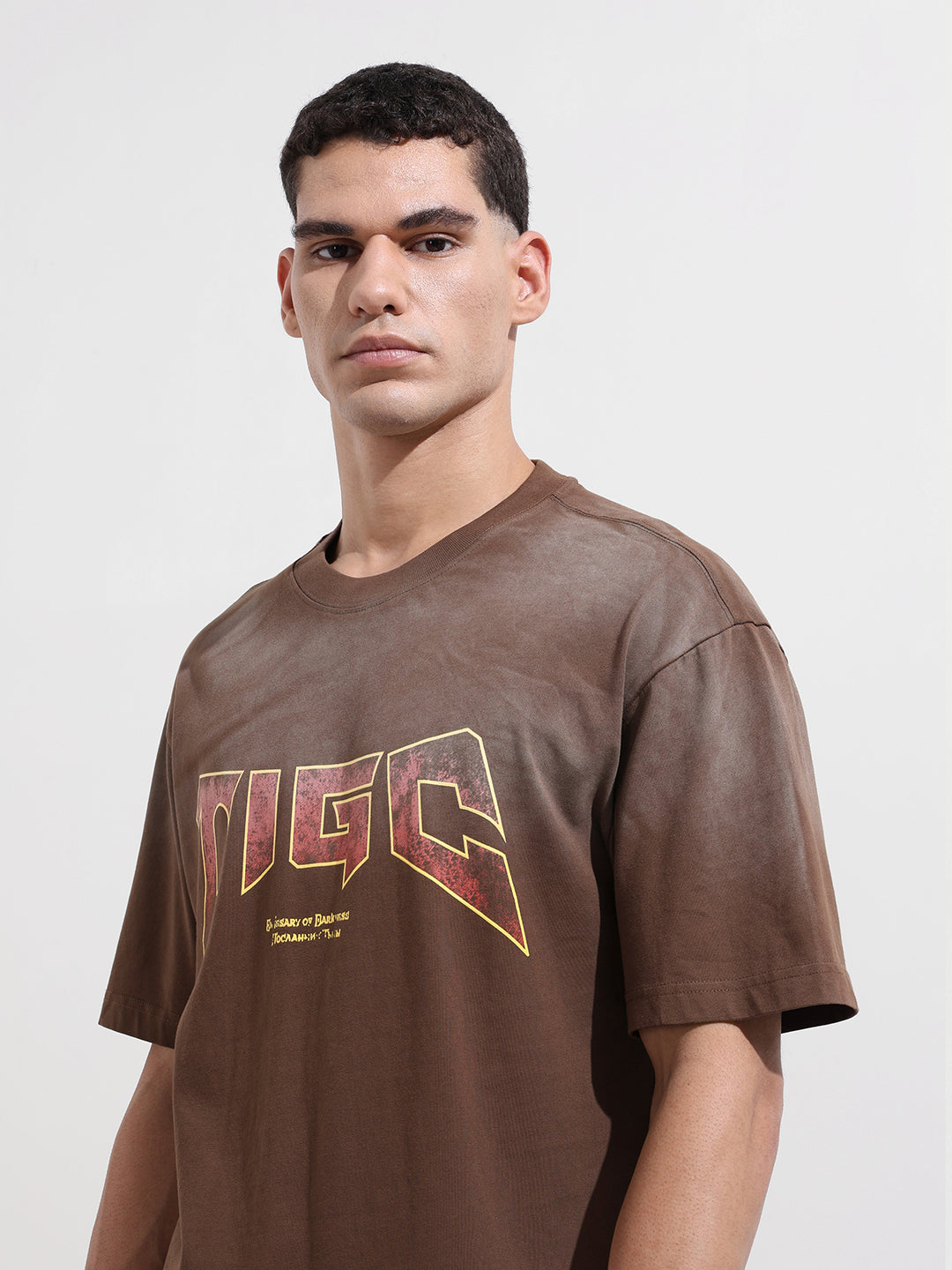 Men's Brown Relaxed Fit Graphic Street Wear T-Shirt