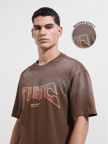 Men's Brown Relaxed Fit Graphic Street Wear T-Shirt