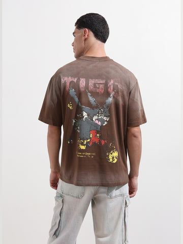 Men's Brown Relaxed Fit Graphic Street Wear T-Shirt