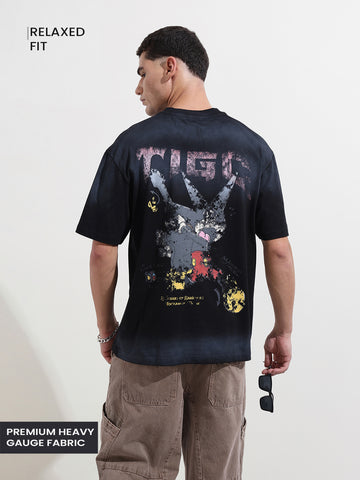 Men's Black Relaxed Fit Graphic Street Wear T-Shirt