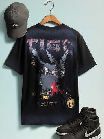 Men's Black Relaxed Fit Graphic Printed 240 GSM Street Wear T-Shirt