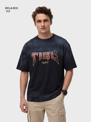 Men's Black Relaxed Fit Graphic Printed 240 GSM Street Wear T-Shirt