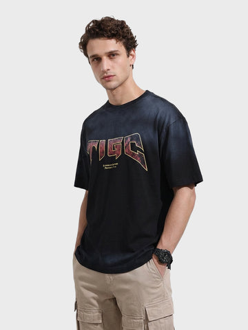 Men's Black Relaxed Fit Graphic Printed 240 GSM Street Wear T-Shirt